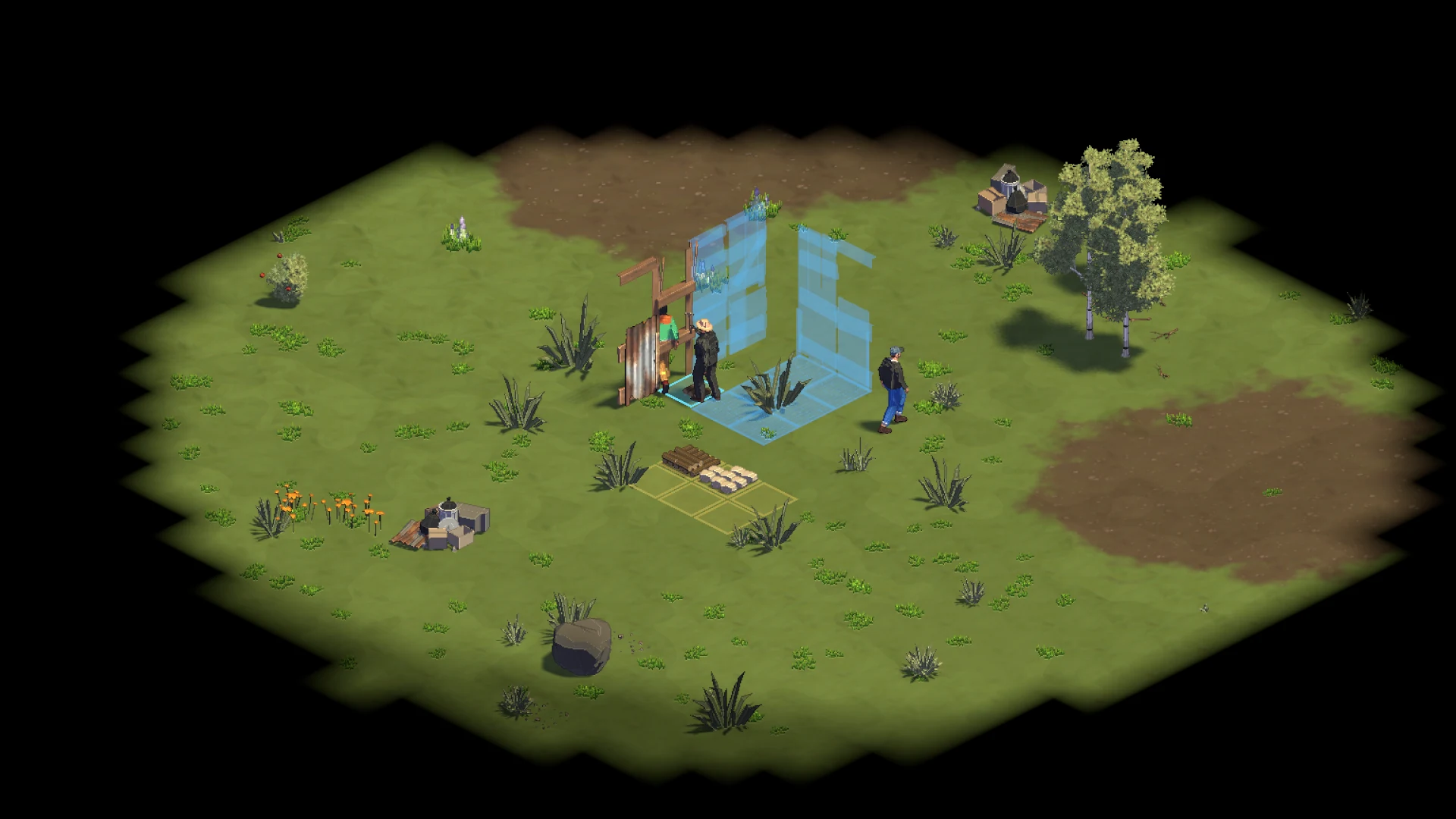 Three survivors building a wooden shelter in the daylight